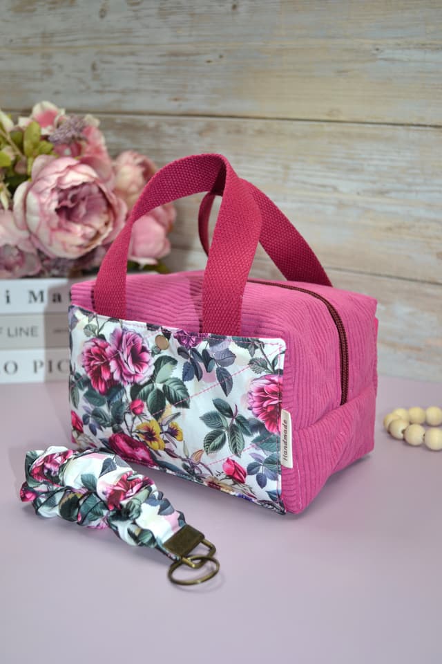 Rose Garden Corduroy Makeup Bag with Scrunchie Key Wristlet