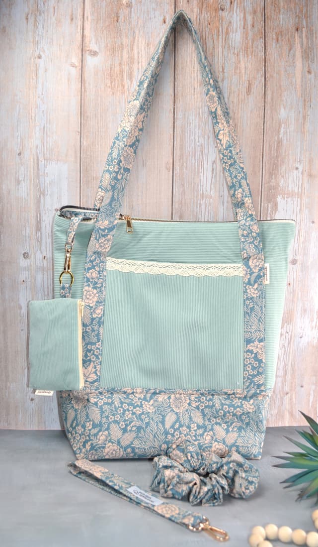 Soft Teal Garden Lace 4 Piece Tote Bag and Accessory Set 