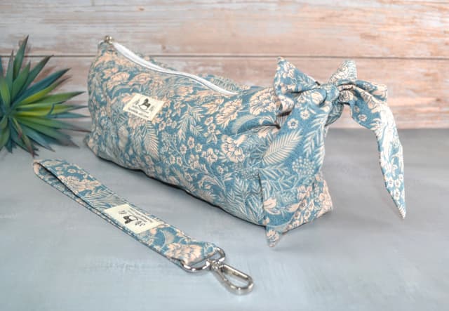 Timeless Blue Garden  Quilted Cosmetic Bag with Bow and Wristlet Duo
