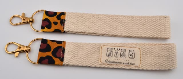 Mini Woven Cotton Wristlet Keychain – 5¼" Natural Strap with Leopard Accent